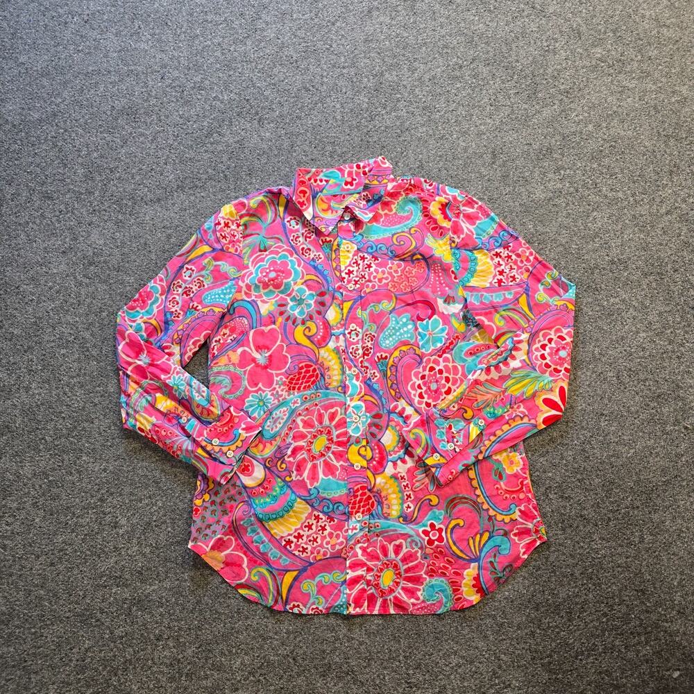 Talbots Top Womens Size Medium Pink Floral Button Up Long Sleeve Colorful Casual